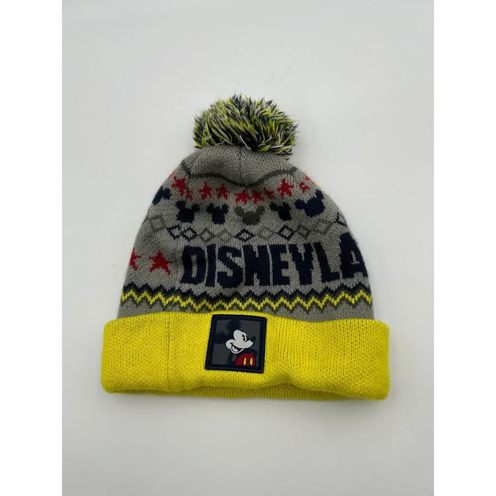 Disney Parks Disneyland Mickey Mouse Fair Isle Knit Pom Beanie Hat Yellow Gray